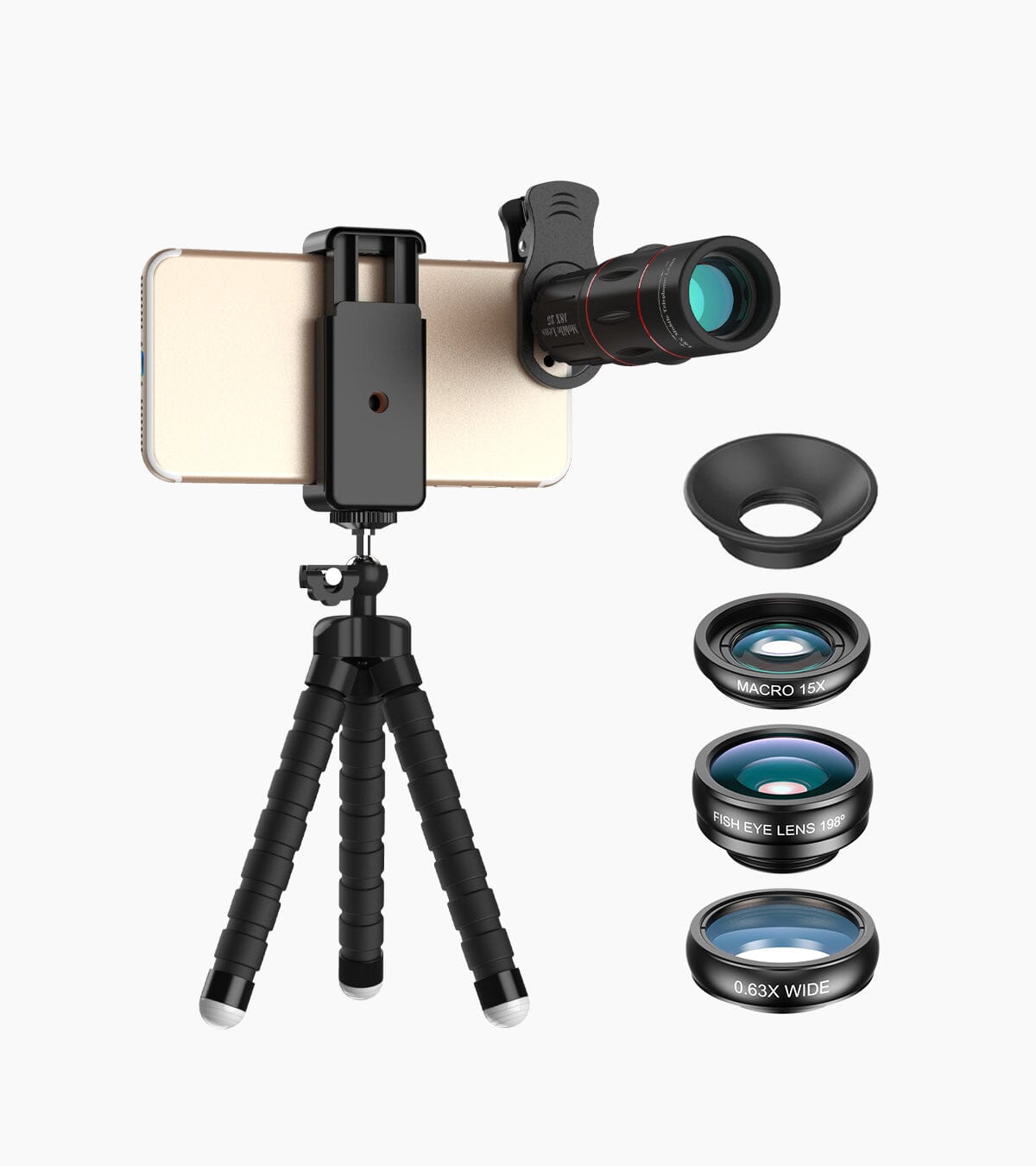 18倍スマートフォン望遠鏡 魚眼レンズ 広角マクロ 4in1レンズキット