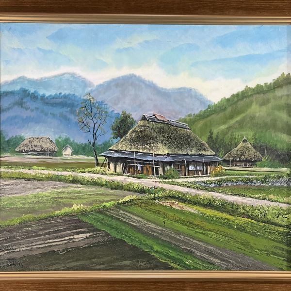 真作】絵画 油彩 雪嶺の見える村 茅葺き屋根と雪山風景 山岳風景画