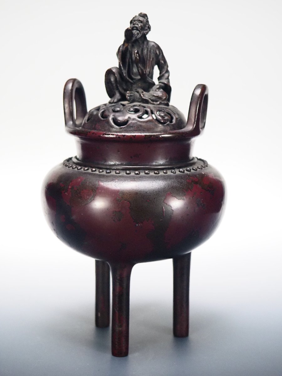 A561 【本間琢斎作】三ツ脚香炉 斑紫銅 獅子摘 香道具 重量588g A561