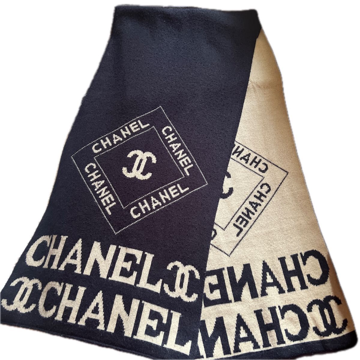 CHANEL シャネル ロゴ マフラー ストール リバーシブル ブラック