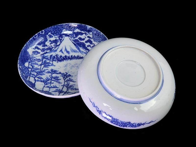 古伊万里 染付 型刷り印判 富士に龍図 5寸皿 2枚セット