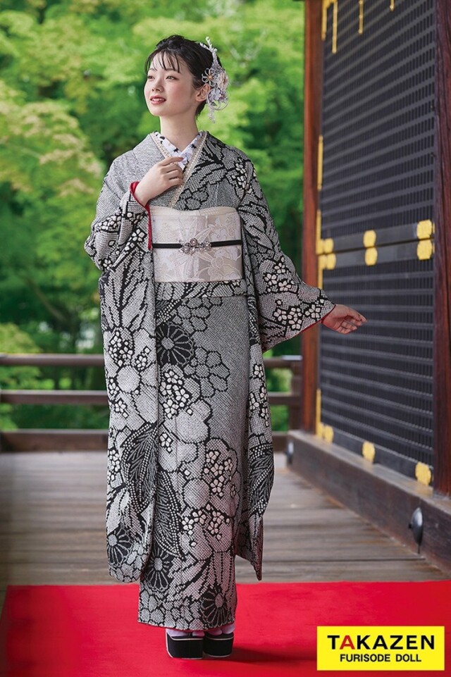 TAKAZENの振袖 /黒色/白色/古典/花柄/ プレミアム古典 逸品本疋田総